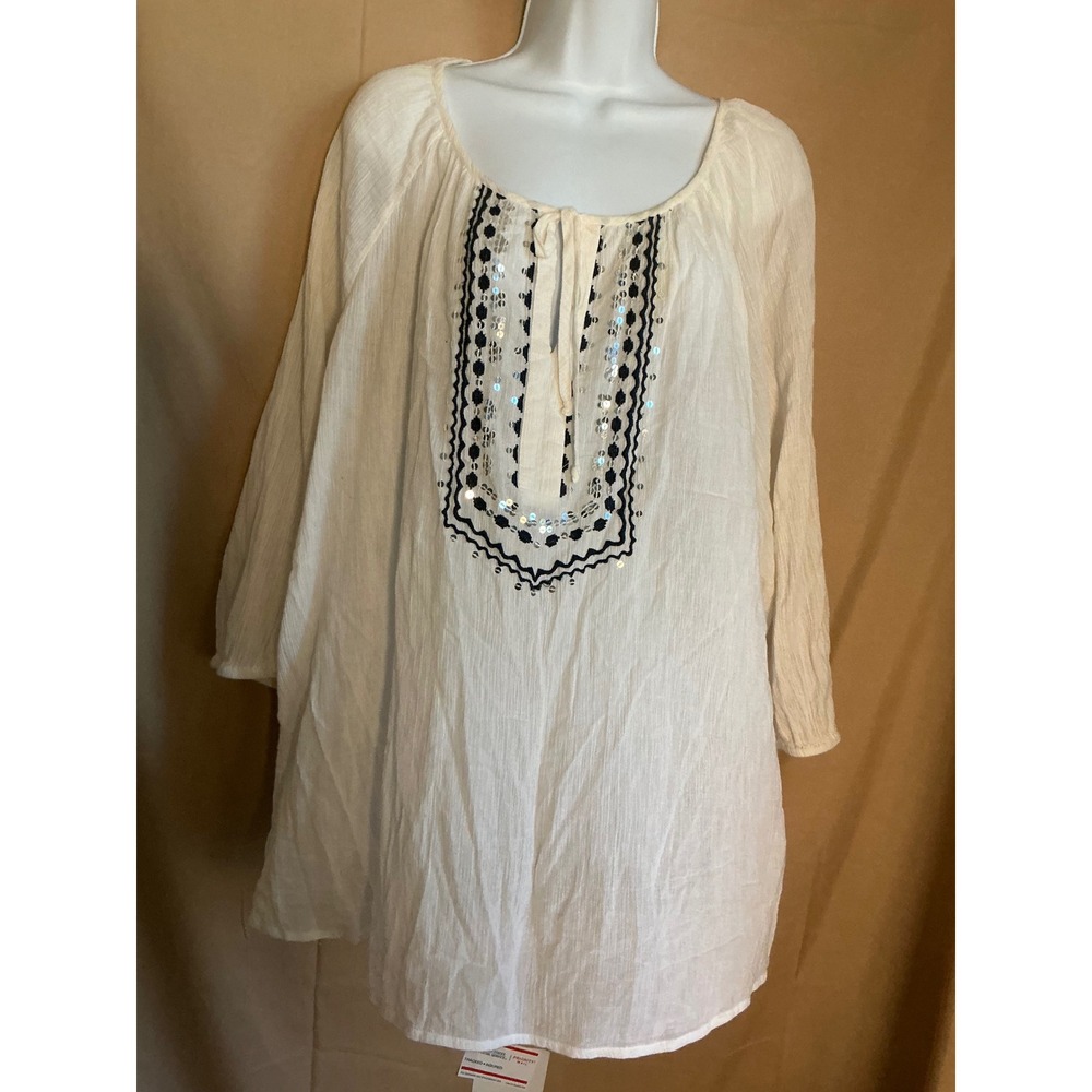 JM Collection Peasant Blouse Womens Large White Excellent Embroidered Sequin Top